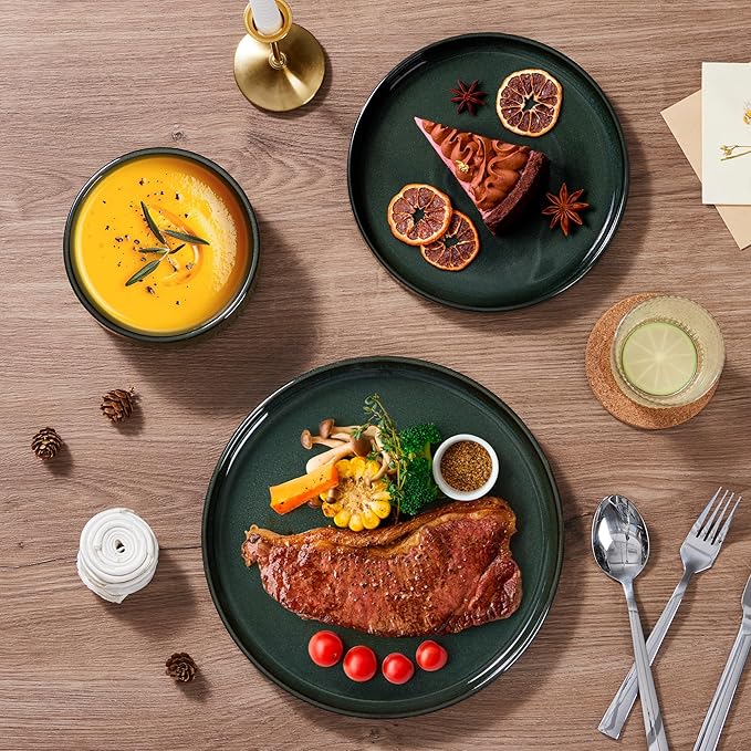 LIANYU Plates and Bowls Sets for 4, 12 Piece Stoneware Dinnerware Dishes Set, Ceramic Dinner Dishware for Pasta Dessert Cereal, Rustic Terracotta Bottom, Chip Resistant & Dishwasher Safe, Hunter Green
