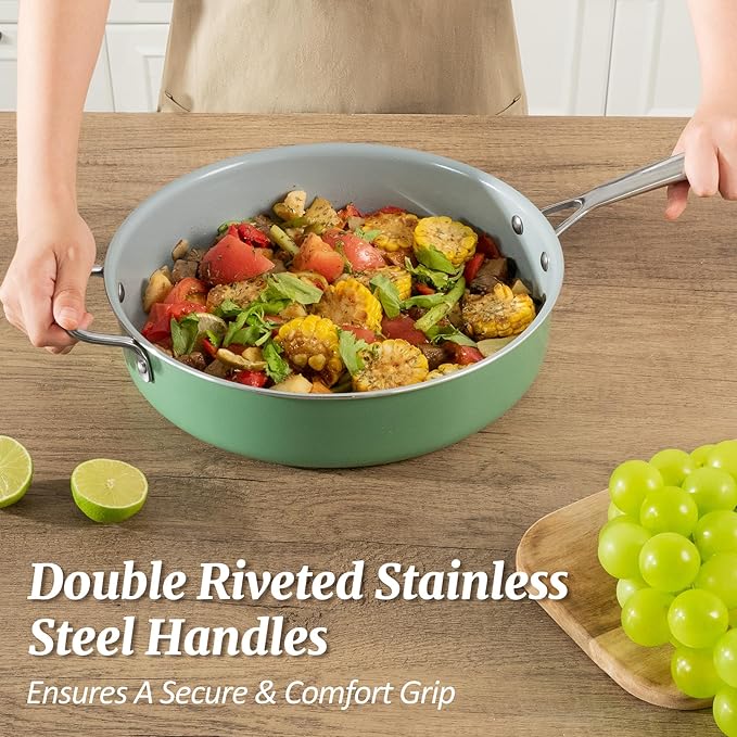 Nonstick Sauté Pan with Lid 5 QT Deep Frying Pan with Stainless Steel Helper Handle 12 inch Large Skillet Ceramic Jumbo Cooker for Healthy Cooking, Induction Compatible Cookware, PFOA Free