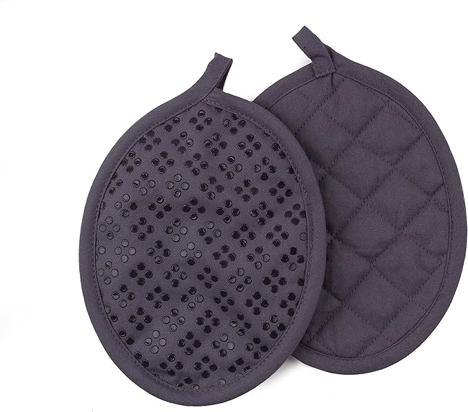 Sticky Toffee Oven Mitt and Pot Holder Set of 3 – Gray Non-Slip Kitchen Hot Pads and Mitts with Silicone Grip, 100% Cotton Shell, Oeko-Tex Cotton