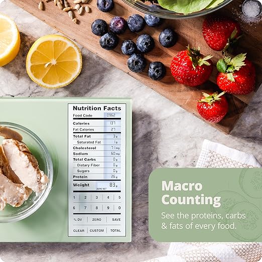 Greater Goods Nutrition Scale (Non‑Connected) – Food Grade Glass, 2,000 Food Codes Preloaded, Compact (9.33"x6.02"x0.91") for Portion Control & Meal Prep