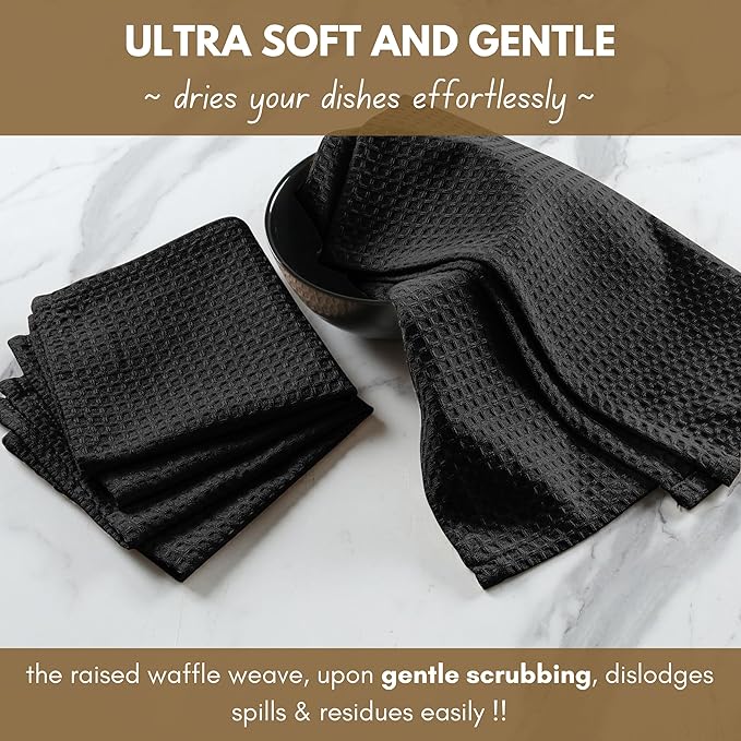 Native Fab 18 Pack Waffle Dish Cloths - 100% Cotton, 12x12 inch, Absorbent, Quick Drying, Washable Towels for Cleaning, Cooking & Baking - Perfect for Home, Restaurants, Bars, Multi Use - Black