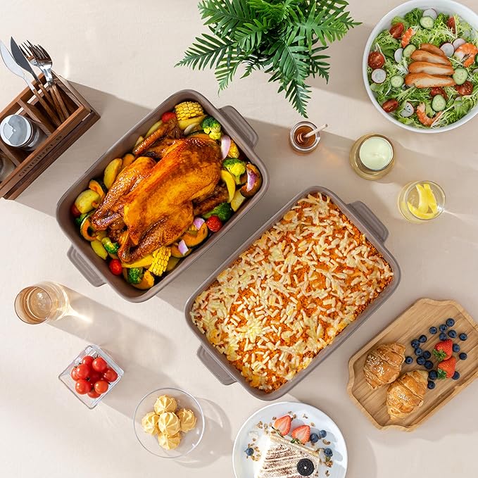 MALACASA 4.8 Qt Lasagne Dishes for Oven, 9 x 13 Inches Brown Ceramic Oven Dish with Handles, Deep Rectangular Baking Dish Casserole Dishes, Lasagna Pan Bakeware for Roasting, Series TARA