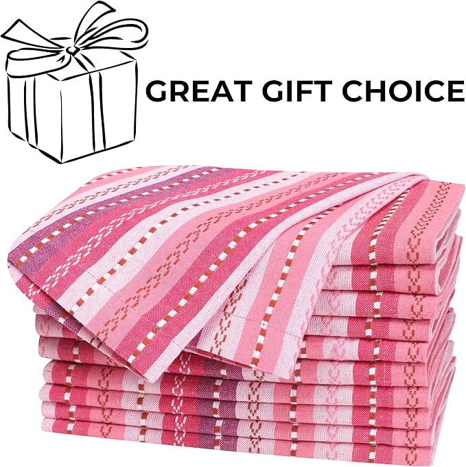 Bedding Craft Cotton Cloth Dinner Napkins Set of 12 – 18x18 Pink Multi Salsa Stripe – Reusable Machine Washable Fabric Napkins for Weddings, Parties, Kitchen & Everyday Dining
