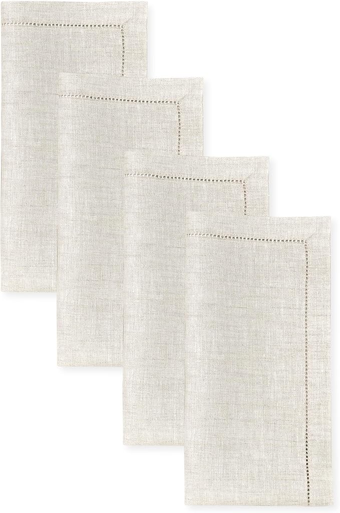 D'Moksha Homes Light Natural Linen Napkins Set of 4 - Classic Hemstitch 100% Pure Linen Hemstitch Dinner Napkins 20 x 20 Inch for Thanksgiving, Christmas, Holiday - Handcrafted and Machine Washable