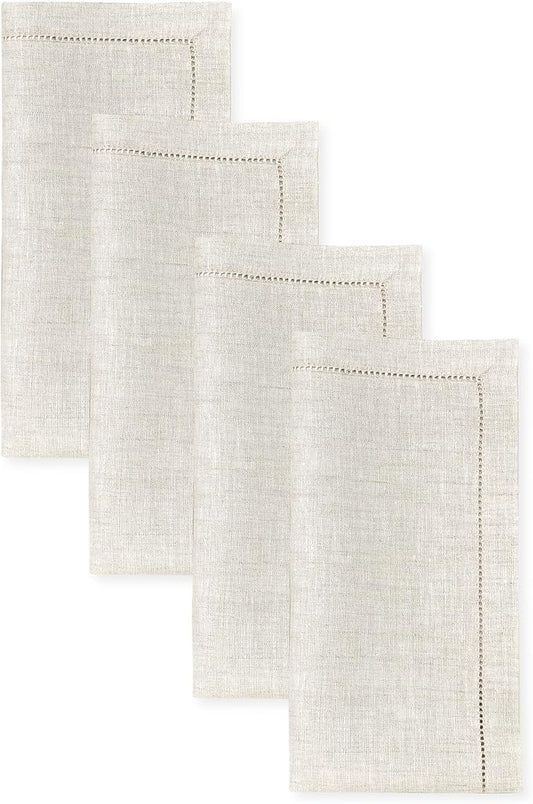 D'Moksha Homes Light Natural Linen Napkins Set of 4 - Classic Hemstitch 100% Pure Linen Hemstitch Dinner Napkins 20 x 20 Inch for Thanksgiving, Christmas, Holiday - Handcrafted and Machine Washable