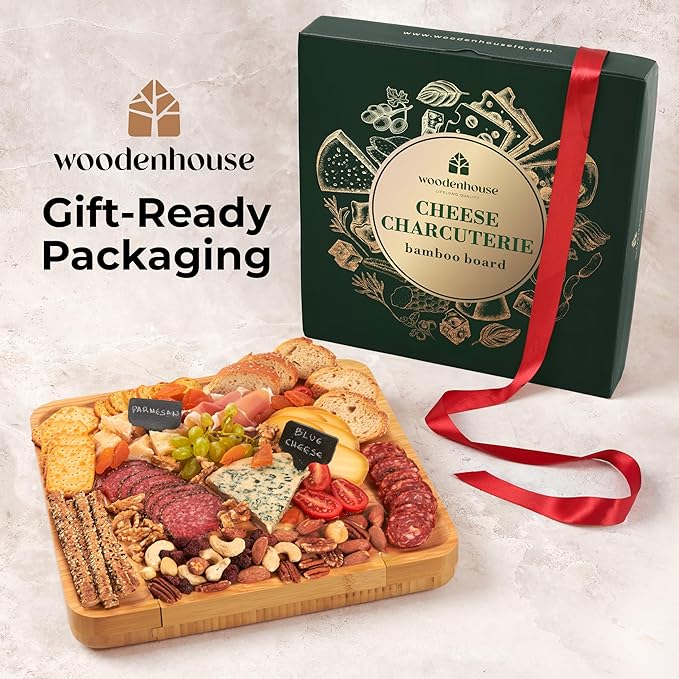 Woodenhouse Bamboo Charcuterie Boards Gift Set - Meat and Cheese Tray with Utensils Included - Bamboo Cheese Platter - House Warming Gifts New Home Couples & Family, Wedding Gifts