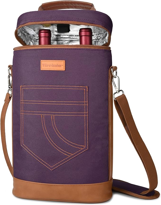 Tirrinia 2 Bottle Wine Gift Tote Carrier - Insulated & Padded Versatile Cooler Bag for Travel, BYOB Restaurant, Wine Tasting, Party, Great Gift for Wine Lover, Purple