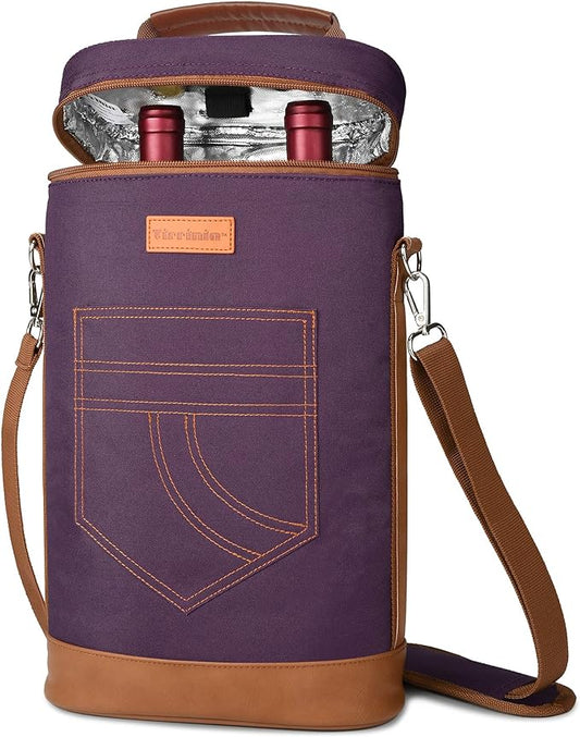 Tirrinia 2 Bottle Wine Gift Tote Carrier - Insulated & Padded Versatile Cooler Bag for Travel, BYOB Restaurant, Wine Tasting, Party, Great Gift for Wine Lover, Purple