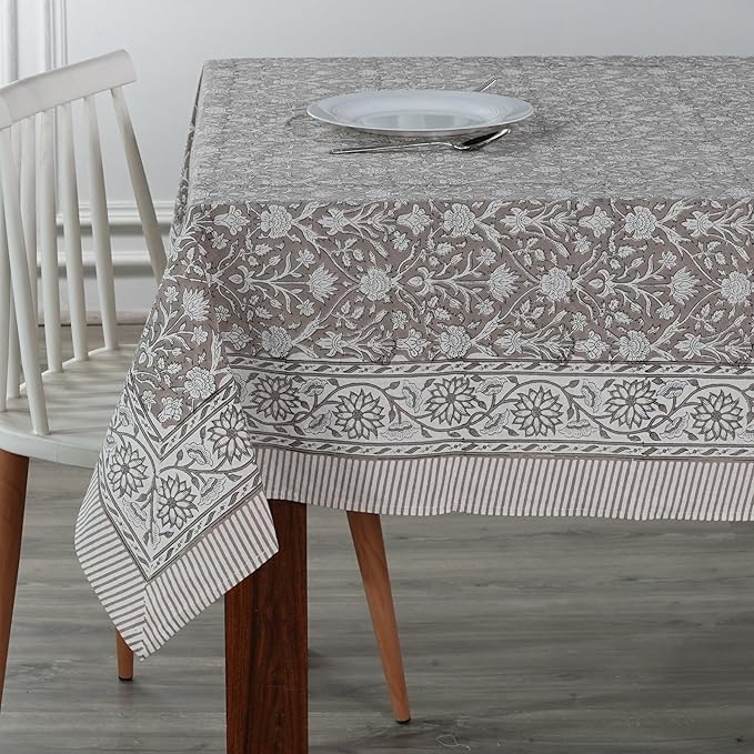Ridhi Taupe Hand Block Print Cotton Rectangle Tablecloth 120 x 80 inches Reusable Table Cover Decorative Everyday Use for Dining Room, Farmhouse, Home, Party, Festive & Wedding, Fall