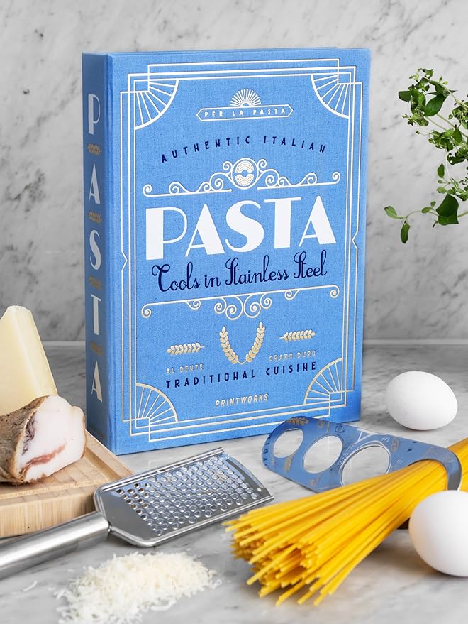 The Essentials, Pasta Tools – Pasta Kit with Spaghetti Tong, Spaghetti Measurer & Grater in Bright Blue Book-Style Case