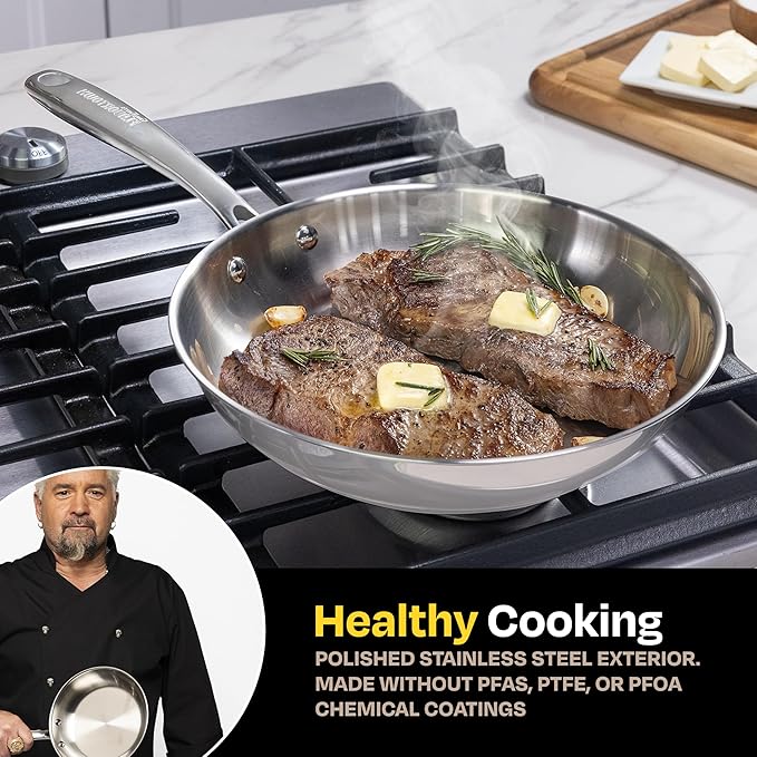 Guy Fieri's Flavortown 10.3" Stainless Steel Frying Pan - Tri-Ply Base with Stainless Stay Cool Handles, Oven Safe up to 500°F, Induction Cooktop Compatible, Versatile Cookware for Every Kitchen
