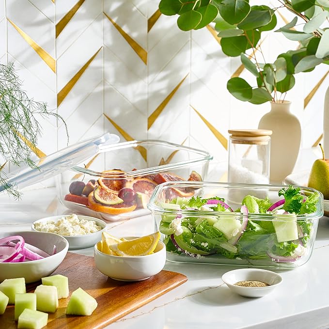 4pc Set - 128oz / 8 Cup / 3785ml - Large Glass Food Storage Containers with Airtight Snap Locking Lids, Meal Prep Lunch Bowl, Clear Stackable Pantry Organizer - Microwave Oven Baking & Dishwasher Safe