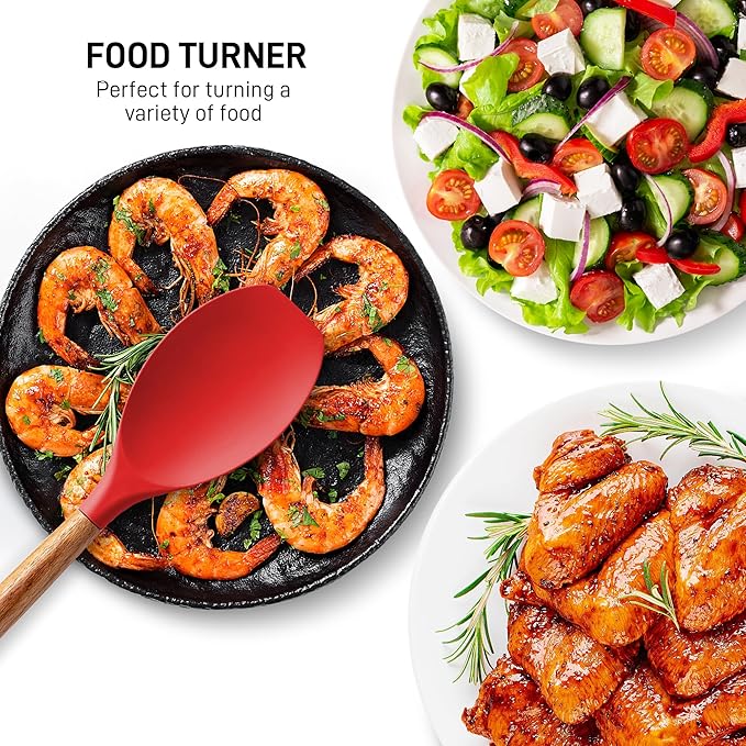 Zulay Kitchen Utensils Set Non-Stick Silicone Cooking Utensils Set with Authentic Acacia Wood Handles - 5 Piece Silicone Utensil Set - Kitchen Utensils Set with 464°F Heat Resistance - Red