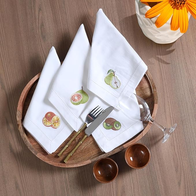 Bedding Craft Cotton Cloth Dinner Napkins Set of 12 – 18x18 Embroidered Motif with Hemstitched Design – Machine Washable Fabric Napkins for Weddings, Baby Showers, Christmas & Everyday Dining