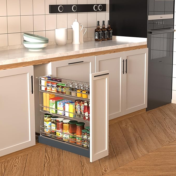 Pull Out Spice Rack for Narrow Cabinet (7.8" W X 19.7" D), Heavy Duty 3 Tier narrow PullOut Cabinet Organizer and Slide Out Shelves for inside Base Cabinets, Filler Pantry Storage