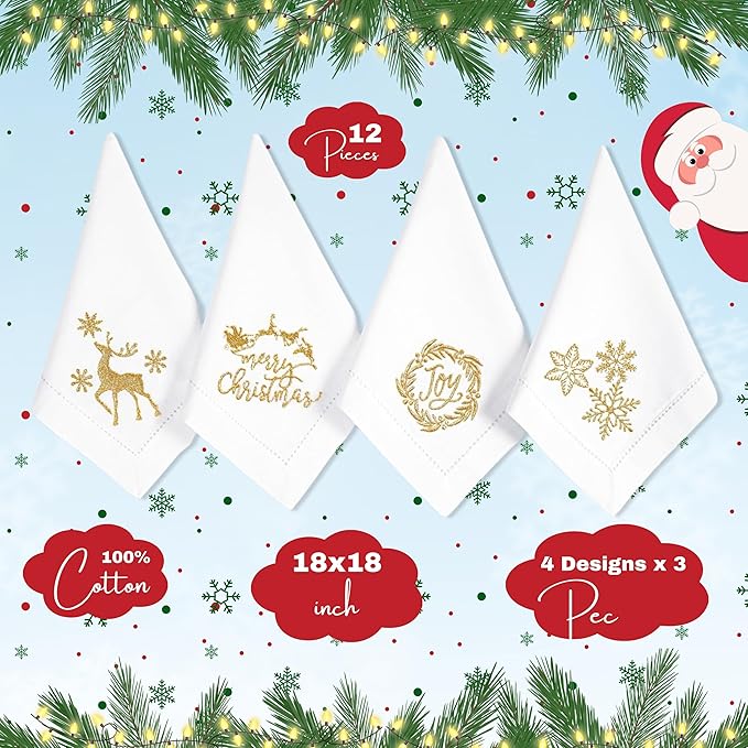 Bedding Craft Cotton Cloth Dinner Napkins Set of 12 – 18x18 White with Gold Embroidery – Reusable Machine Washable Fabric Napkins for Weddings, Parties & Everyday Dining