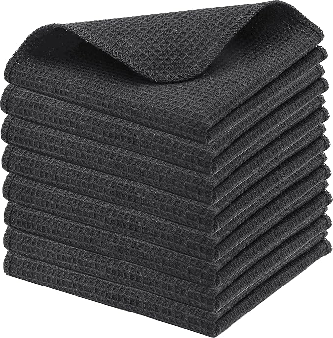 PurpleEssences Dish Cloths and Dish Rags - 8 Pack Waffle Weave Solid Kitchen Dish Wash Cloths, 100% Cotton, 12 x 12 Inches, Ultra Soft Absorbent Quick Drying - Christmas Holiday Winter - Dark Grey