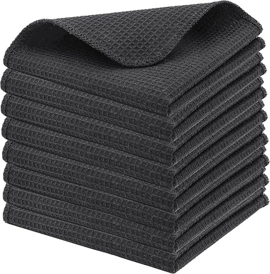 PurpleEssences Dish Cloths and Dish Rags - 8 Pack Waffle Weave Solid Kitchen Dish Wash Cloths, 100% Cotton, 12 x 12 Inches, Ultra Soft Absorbent Quick Drying - Christmas Holiday Winter - Dark Grey
