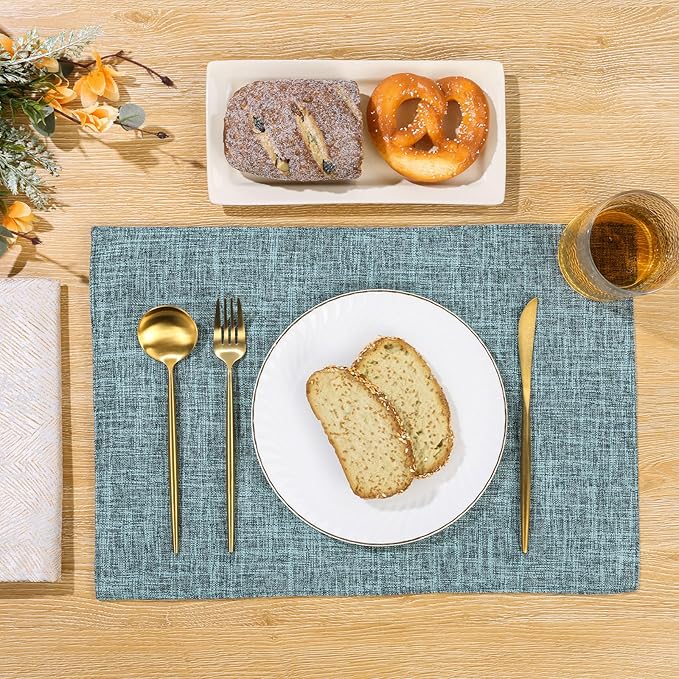 SHACOS Washable Fabric Placemats Set of 4 Heat Resistant Double Layer Cloth Table Mats Non Slip Farmhouse Place Mats, Blue Grey
