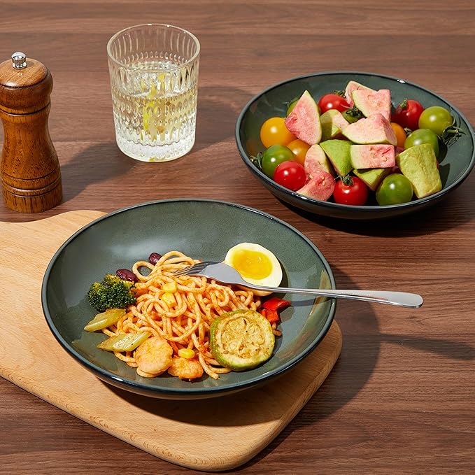 16 Piece Double Bowl Dinnerware Sets with Pasta Bowls, Highly Chip and Crack Resistant Plates and Bowls Sets, Natural Earthyware Ceramic Dishware Sets, Service for 4 Blackish Green