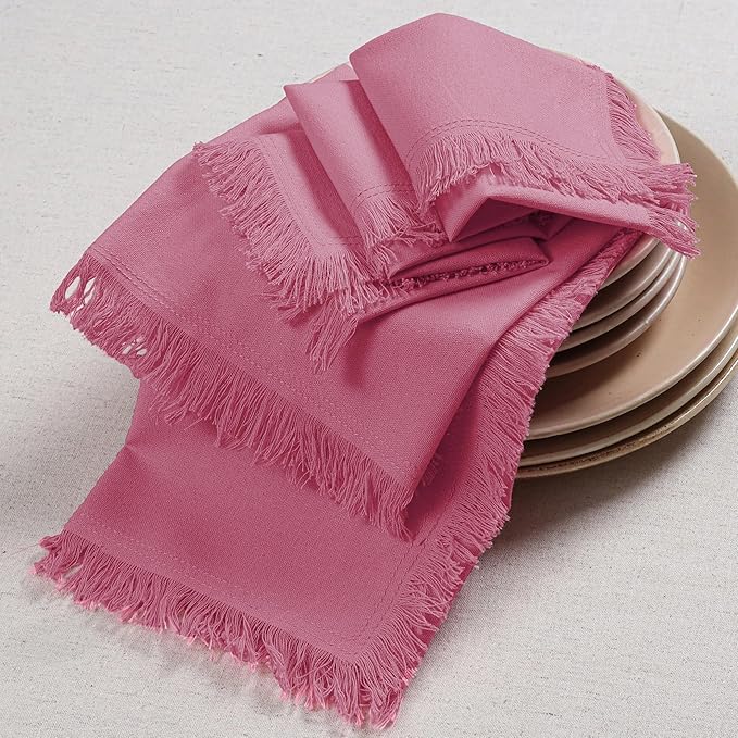 Bedding Craft Cotton Cloth Dinner Napkins Set of 12 – 18x18 Baby Pink with Frayed Selvedge Edges – Reusable Machine Washable Fabric Napkins for Weddings, Baby Showers, Parties & Dining