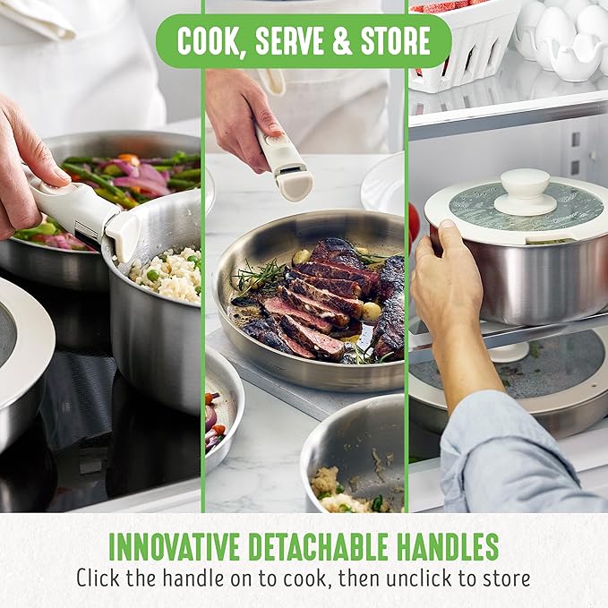 GreenLife 10 Piece Stainless Steel Pots and Pans, Detachable & Stackable Kitchen Set, Tri Ply Clad PFAS Free Cookware, Space Saving with Removable Handle, Induction & Oven Safe, RV Cookware, Glass Lid