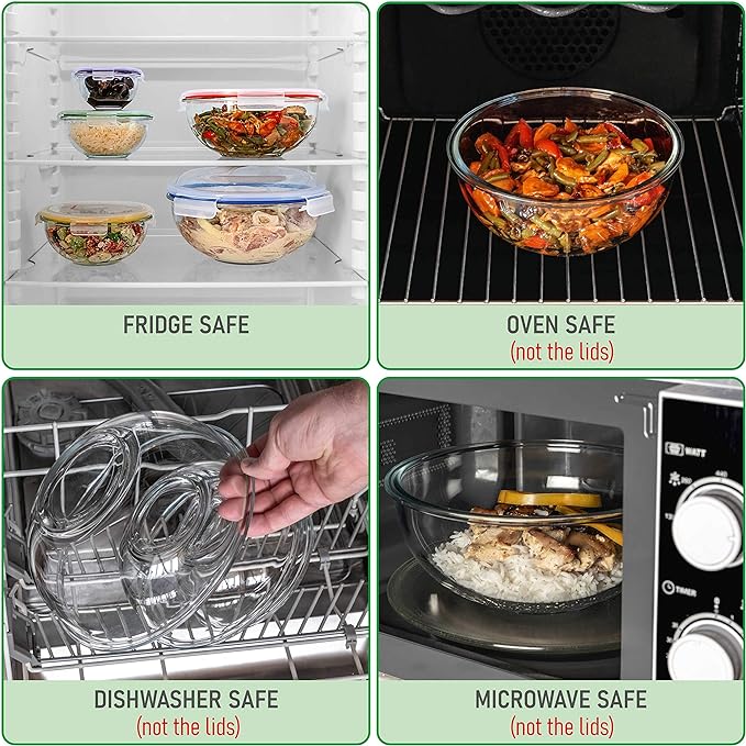 Set of 5 Stackable Space-Saving Nesting Glass Bowls with BPA Free Lids for Foodprep, Storage, Baking, Mixing & Cooking, Microwave Safe - Durable Inert Borosilicate Glass