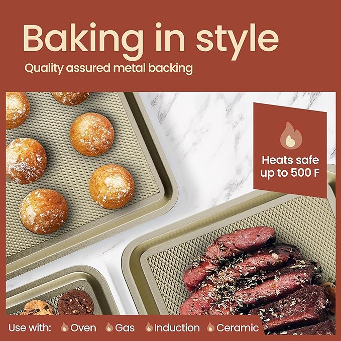 BAKKEN Kitchen Baking Pans - Nonstick White Coating, 13.58’’ × 9.65’’ Commercial Grade Carbon Steel Cookie Sheet, Diamond Texture Bottom, PFOA, PFOS, PTFE Free, Oven Safe Tray (450°F), White Marble