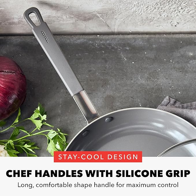 GreenPan x Bobby Flay Stainless Steel 12” Frying Pan Skillet & Glass Lid, Professional Grade Tri-Ply, Multiclad, PFAS-Free Ceramic Nonstick, Induction Suitable, Dishwasher & Oven Safe,Stay Cool Handle