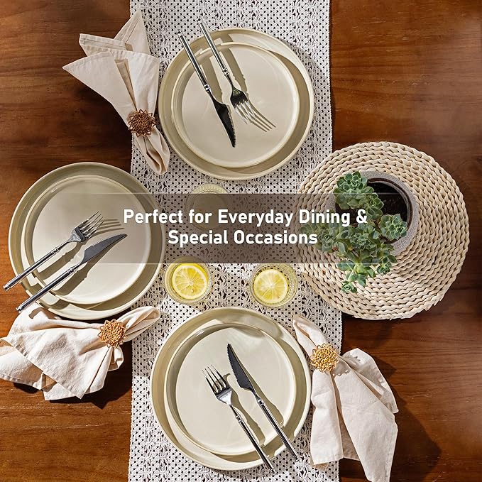 GBHOME Ceramic Dinnerware Sets for 4, 12 Pieces Stoneware Plates and Bowls Sets, Scratch Resistant Dishes, Dishwasher & Microwave Safe, Reactive Glaze-Vanilla color