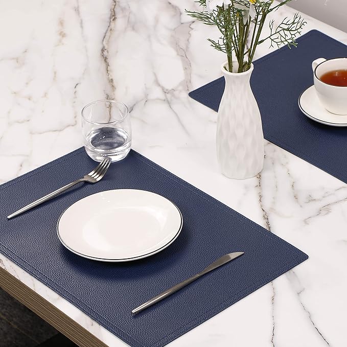 Faux Leather Placemats, PU Table Mats, Set of 4, Waterproof, Stain Resistant, Heat Resistant, Non-Slip Easy to Clean for Kitchen Dining Table,Conference Table C Blue Rectangle