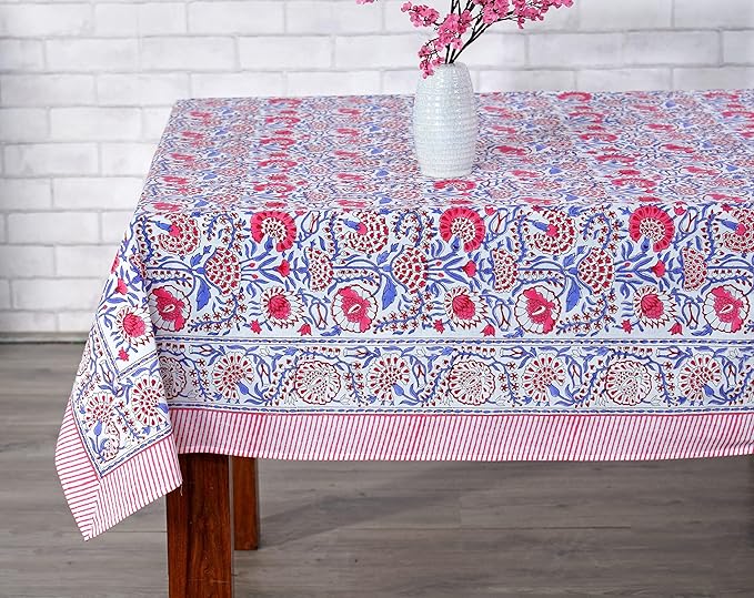Ridhi Pigeon Blue Hand Block Print Cotton Rectangle Tablecloth 90 x 60 inch-Reusable Table Cover Decorative Everyday Use for Dining Room, Farmhouse, Thanksgiving, Christmas Wedding, Fall