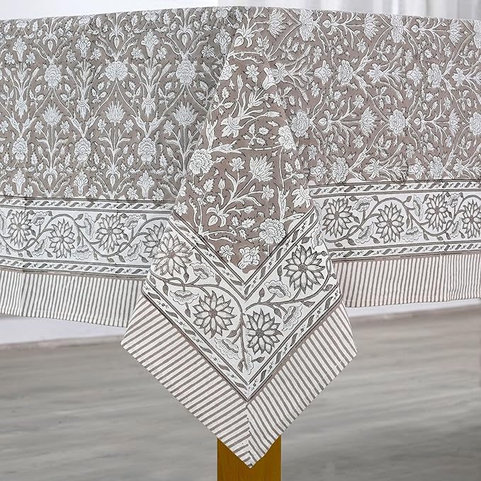 Ridhi Taupe Hand Block Print Cotton Rectangle Tablecloth 120 x 80 inches Reusable Table Cover Decorative Everyday Use for Dining Room, Farmhouse, Home, Party, Festive & Wedding, Fall