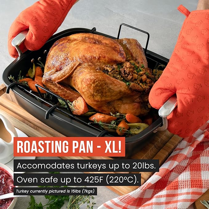 Chef Pomodoro Deluxe Large Carbon Steel Roasting Pan with U-Rack, 18.5 x 14.5-In (47 x 37 cm), Extra-Large, Grey – The Ultimate Solution for Flawless Roasts, BBQs, and Oven-to-Table Entertaining