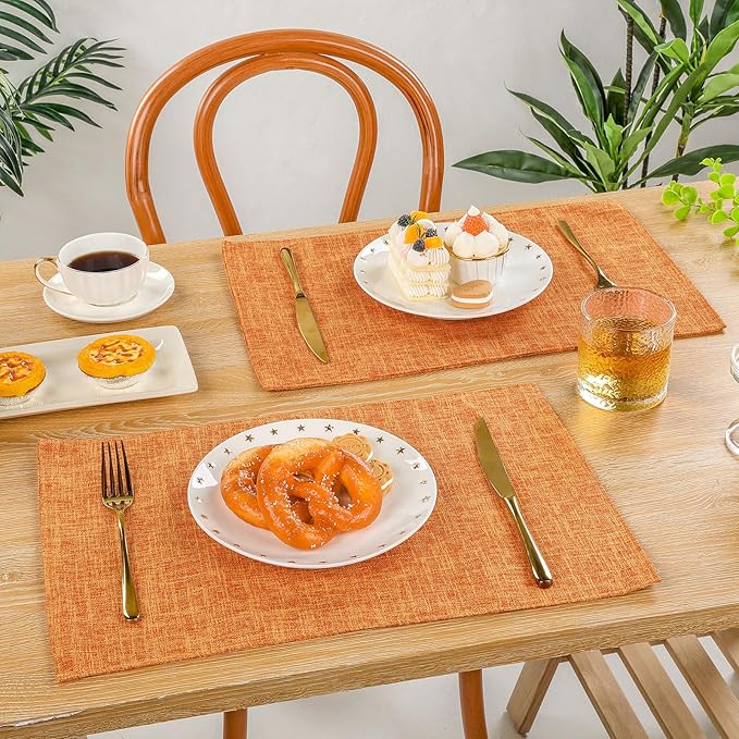 SHACOS Fabric Placemats Set of 6 Washable Heat Resistant Place Mats Non Slip Thick Cloth Placemats Reversible Table Mats Indoor Outdoor Home Wedding Table Decor, Orange