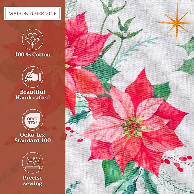 Maison d' Hermine Placemats Set of 4 100% Cotton Washable Cloth Place Mats, Reusable Table Mats for Thanksgiving Christmas Decorations Kitchen Dining Party Wedding (Poinsettia Christmas, 13" x 19")