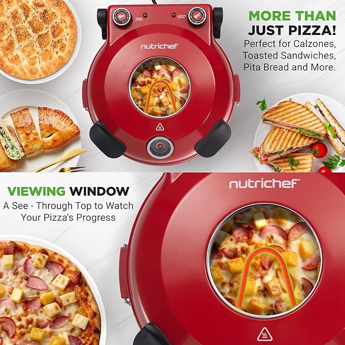 NutriChef Electric Pizza Oven | 1200W Countertop Pizza Maker with Temperature Control & Thermometer | Viewing Window for Precise Cooking | Heats up to 800˚F | Easy to Clean Non-Stick Coating | Red