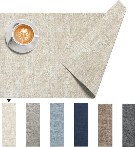 DOLOPL Placemats Set of 4, Reversible Wipeable & Heat Resistant Place Mats, Modern Faux Leather Table Mats for Kitchen, Neutral Waterproof Tablemats for Dining Table Decor, Wedding, Party(Beige)