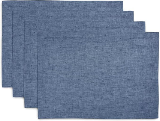 Solino Home Linen Cloth Placemats Set of 4-100% Pure Linen Blue Denim Placemats 14 x 19 Inch for Thanksgiving - Athena