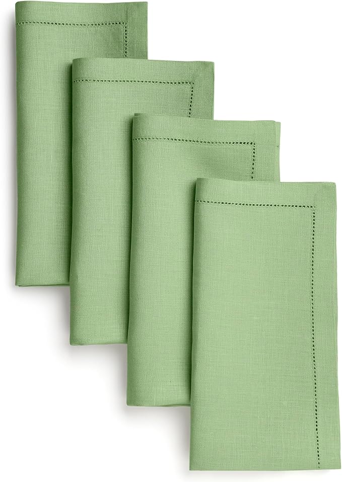 D'Moksha Homes Sage Green Linen Napkins Set of 4 - Classic Hemstitch 100% Pure Linen Hemstitch Dinner Napkins 20 x 20 Inch for Fall, Thanksgiving, Christmas, Holiday - Handcrafted and Machine Washable