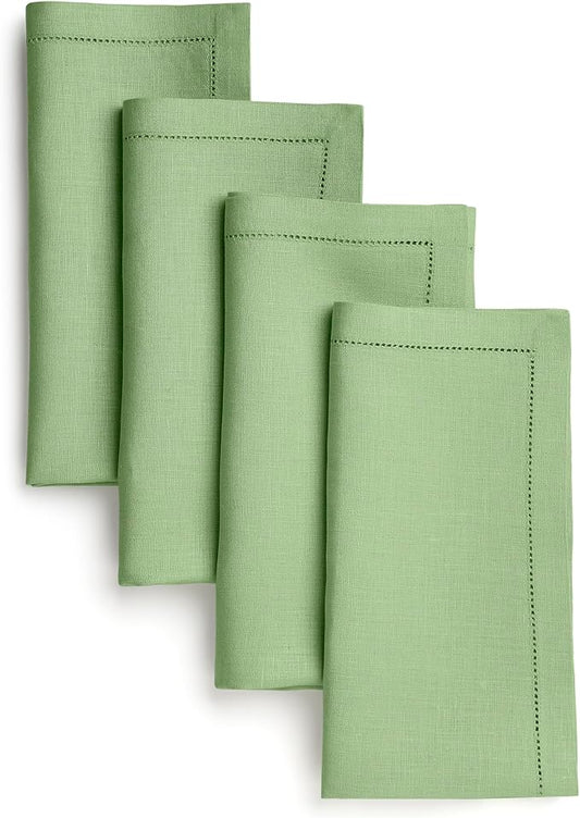 D'Moksha Homes Sage Green Linen Napkins Set of 4 - Classic Hemstitch 100% Pure Linen Hemstitch Dinner Napkins 20 x 20 Inch for Fall, Thanksgiving, Christmas, Holiday - Handcrafted and Machine Washable