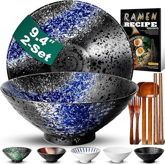 9.4Inch Ceramic Ramen Bowl Set of 2 (9 Piece) - Porcelain Japanese Salad Noodles Cereal Fruit Pasta Soup Large Bowls with Recipes Chopsticks Forks Spoons for Men Women Gift Microwave Dishwasher Safe