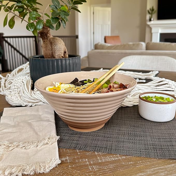 Mora Ceramic Ramen Bowl Set of 2, 45oz - Great for Pho, Miso Udon Soup, Instant Noodles, Serving, Thai or Asian Food - Microwave Safe Large Japanese Noodle Bowls, Modern Kitchen - Assorted Neutrals