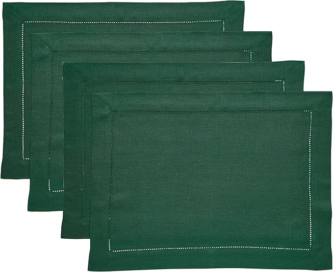 Solino Home Linen Placemats Set of 4 - Classic Hemstitch Rainforest Green Placemats 14 x 19 Inch - 100% Pure Linen Table Mats for Fall, Autumn, Thanksgiving, Christmas, Holiday, Winter