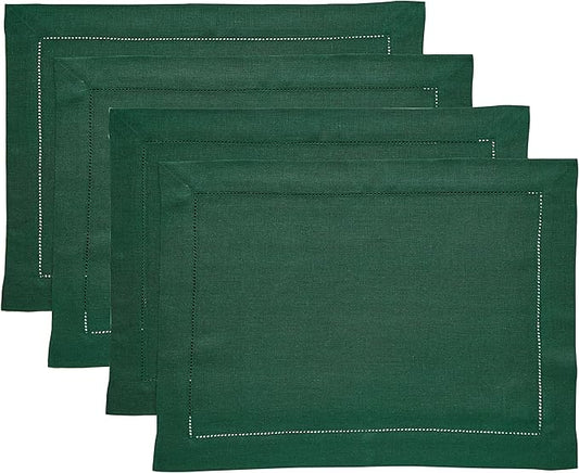Solino Home Linen Placemats Set of 4 - Classic Hemstitch Rainforest Green Placemats 14 x 19 Inch - 100% Pure Linen Table Mats for Fall, Autumn, Thanksgiving, Christmas, Holiday, Winter