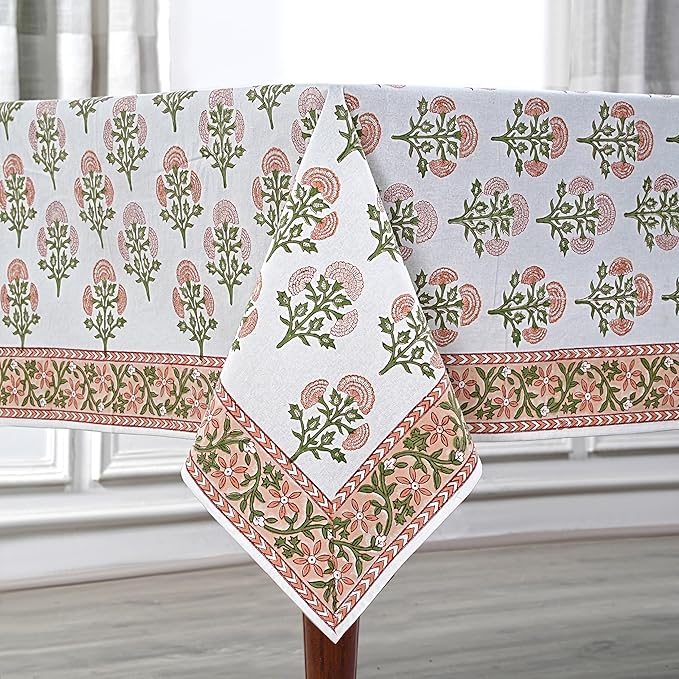 Ridhi Mughal Buta Peach Hand Block Print Cotton Rectangle Tablecloth 120 x 80 inch-Reusable Table Cover Decorative Everyday Use for Dining Room, Farmhouse, Thanksgiving, Christmas Wedding, Fall