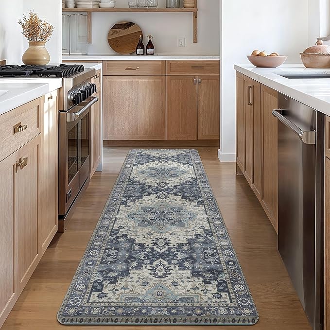 GENIMO Kitchen Mats for Floor, Washable Anti Fatigue Mat for Cushioned, 17.3"x59", Waterproof Kitchen Rugs, Non Slip Foam Comfort Standing Mat Rug for Home, Runner, Sink, Laundry, Center Blue
