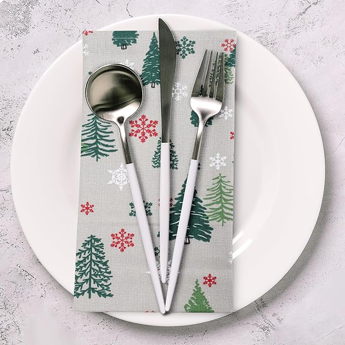 Urban Villa Christmas Cloth Napkins Green Trees Print Set of 12 100% Cotton Absorbent Dinner Napkins (20X20 Inches)Over Sized Soft Durable Reusable Washable Ideal for Home Wedding Parties Everyday use