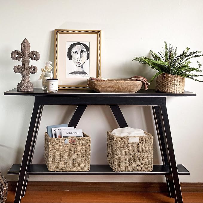 Seagrass Storage Baskets, 12X12X10in Cube Wicker Storage Basket for Shelves, Pantry Baskets Organization and Storage, Kitchen Storage Baskets, Bathroom Shelves Storage Basket Set of 3