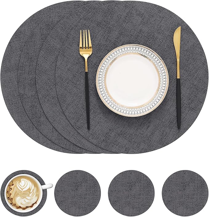 homing Round Faux Leather Placemat and Coaster 4 Packs, Washable Heat Resistant Dining Place Mats, Wipeable Double-Sided Table Mats for Indoor and Outdoor, Diameter 13 and 3.93 inch, Charcoal